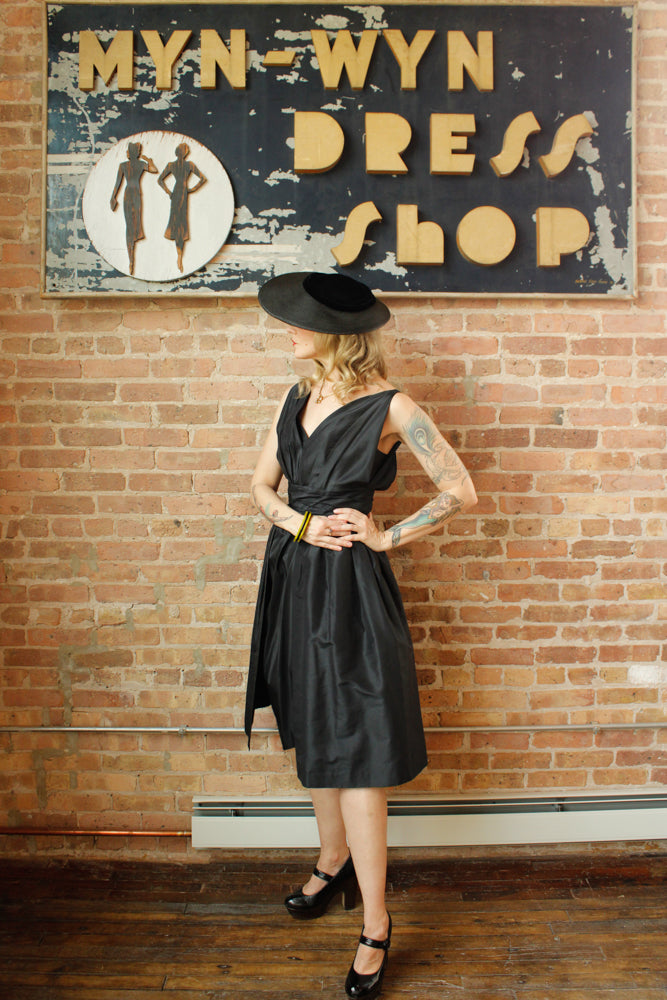 Late 40s / Early 50s Dior Style Black Silk Taffeta Sheath Dress long Peplum - Small
