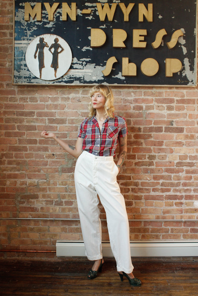 1940s White Button Front Cotton Twill Pant - XL