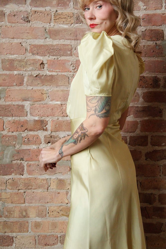 1930s Chartreuse Taffeta Gown with Silk Velvet Jacket - S/M