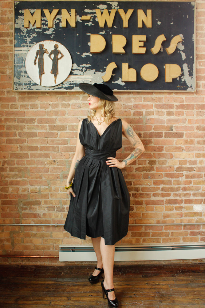 Late 40s / Early 50s Dior Style Black Silk Taffeta Sheath Dress long Peplum - Small