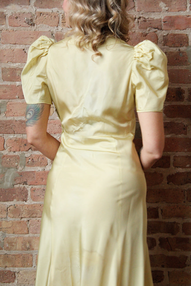 1930s Chartreuse Taffeta Gown with Silk Velvet Jacket - S/M