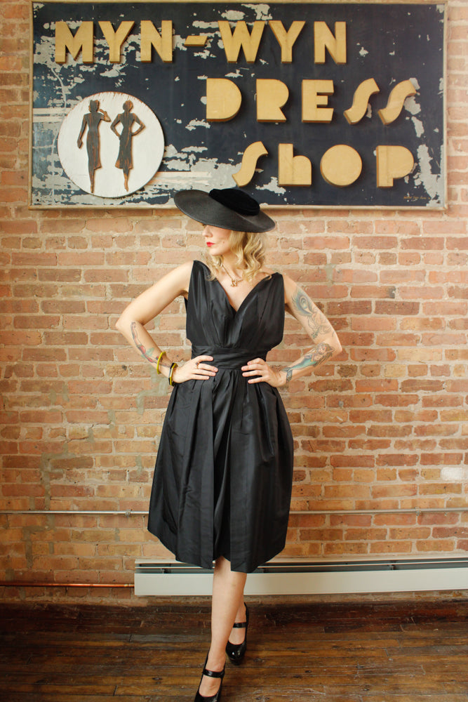 Late 40s / Early 50s Dior Style Black Silk Taffeta Sheath Dress long Peplum - Small
