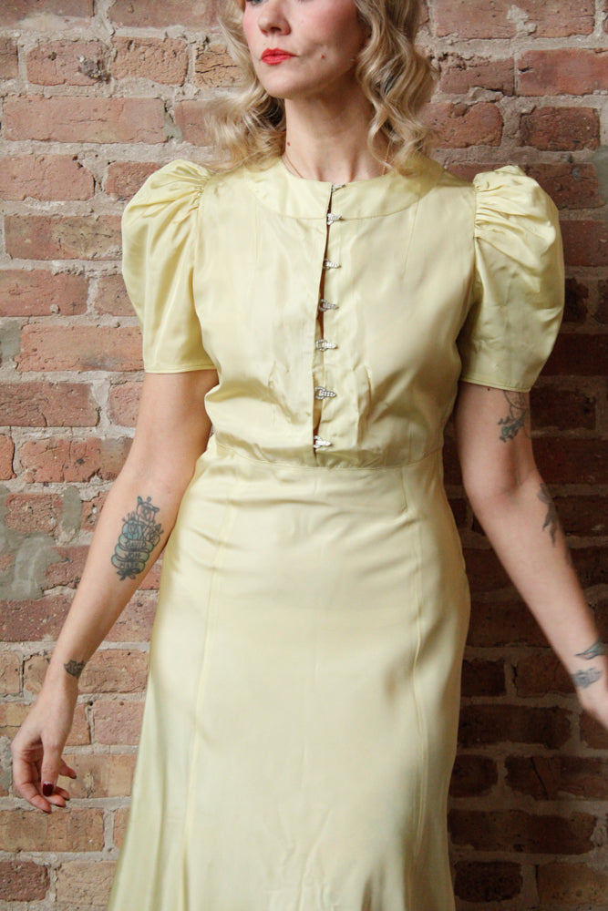 1930s Chartreuse Taffeta Gown with Silk Velvet Jacket - S/M