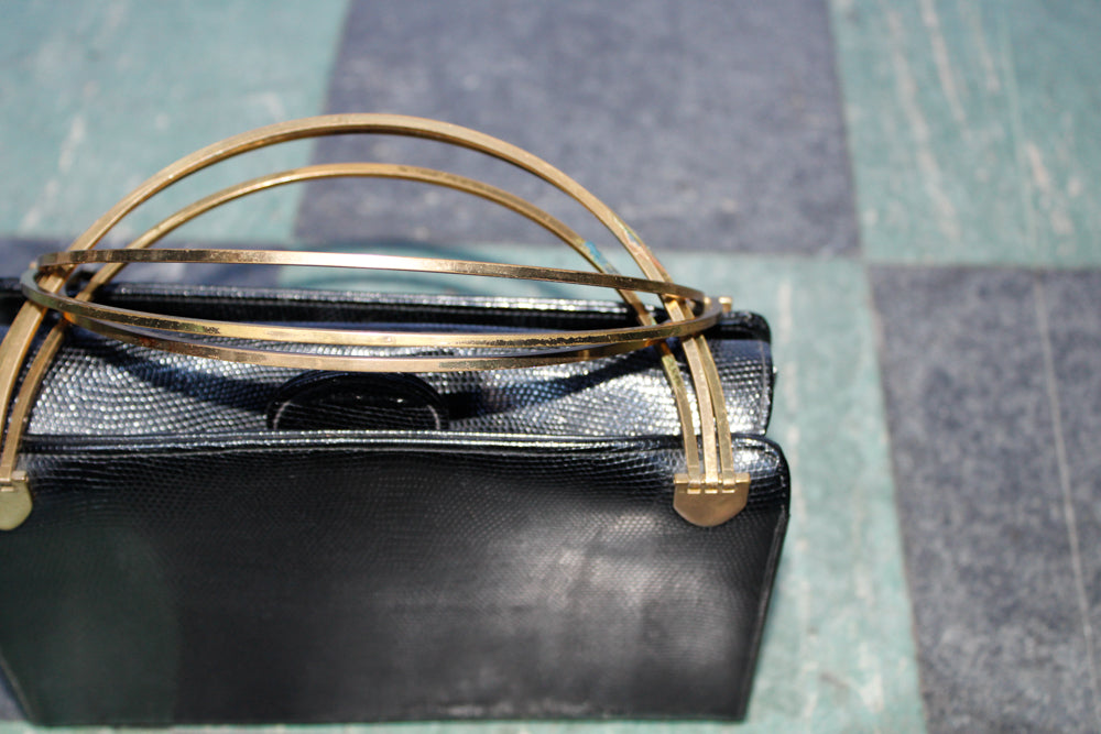 1950s Black Leather Bag with Brass Handles