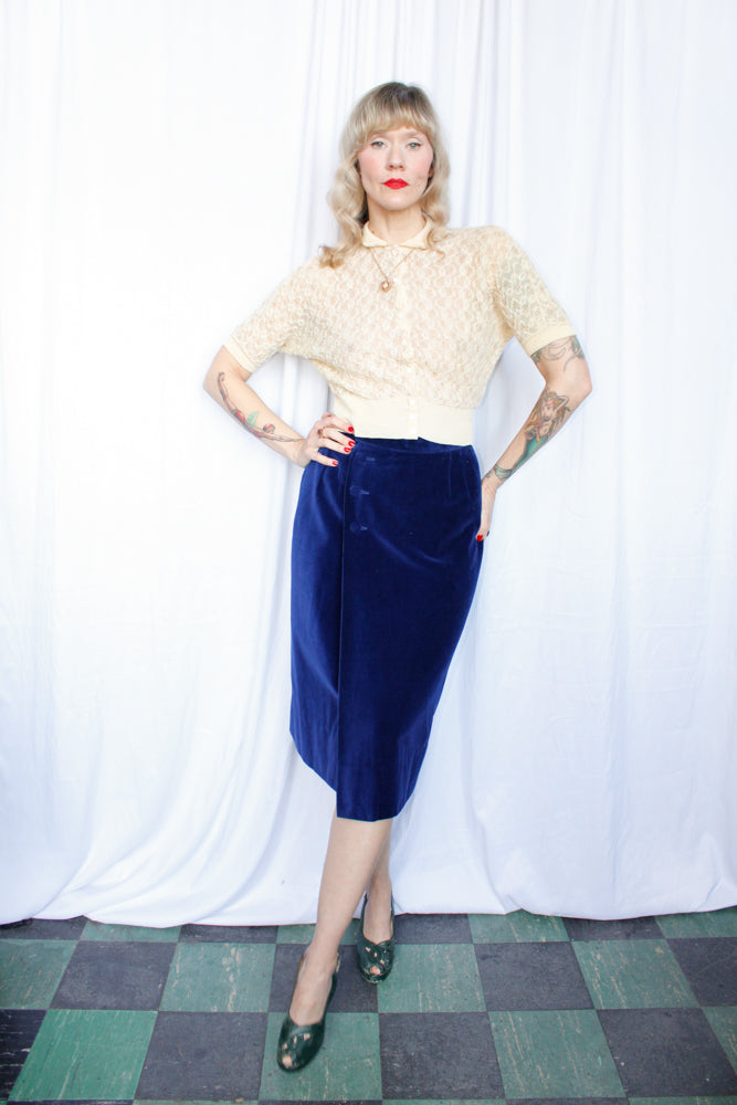 1950s Blue Velvet Wrap Skirt - 28.5" waist