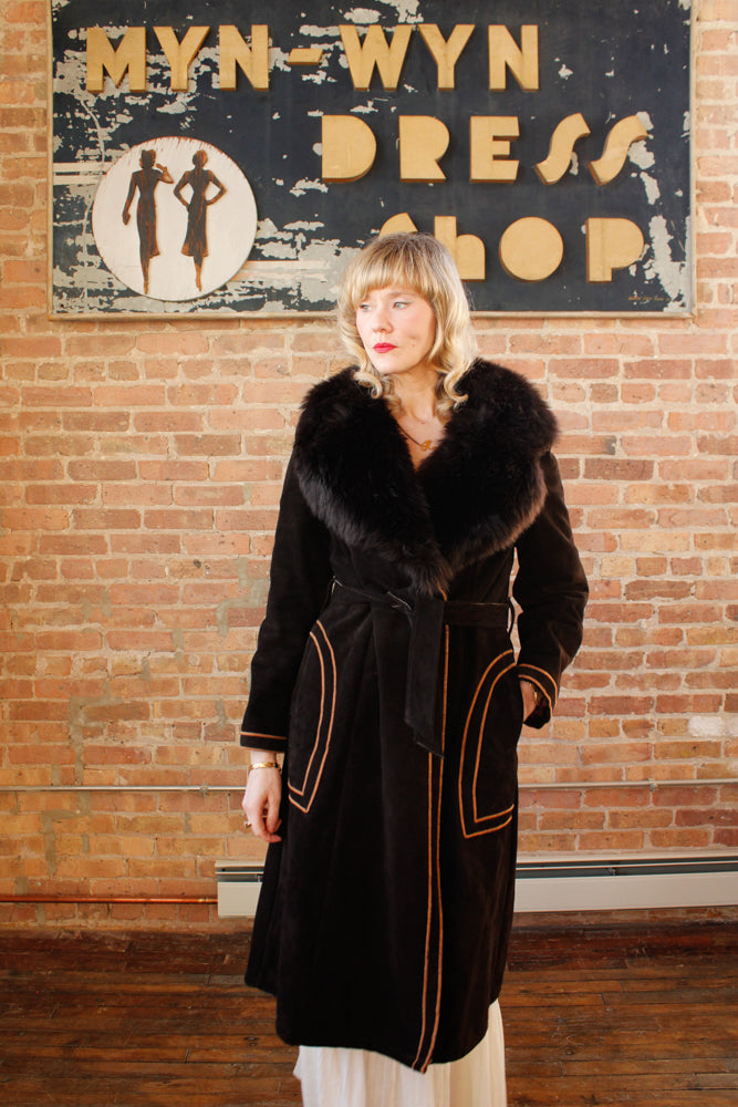 1970s Deep Brown Shearling Suede Penny Lane Coat - Medium