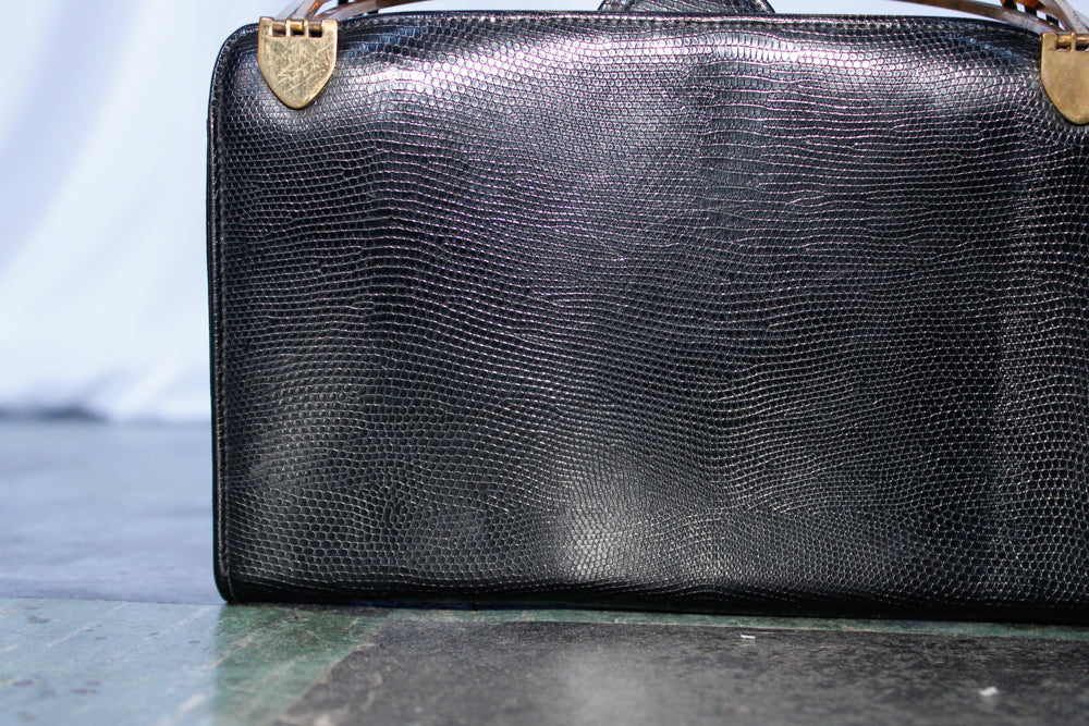 1950s Black Leather Bag with Brass Handles