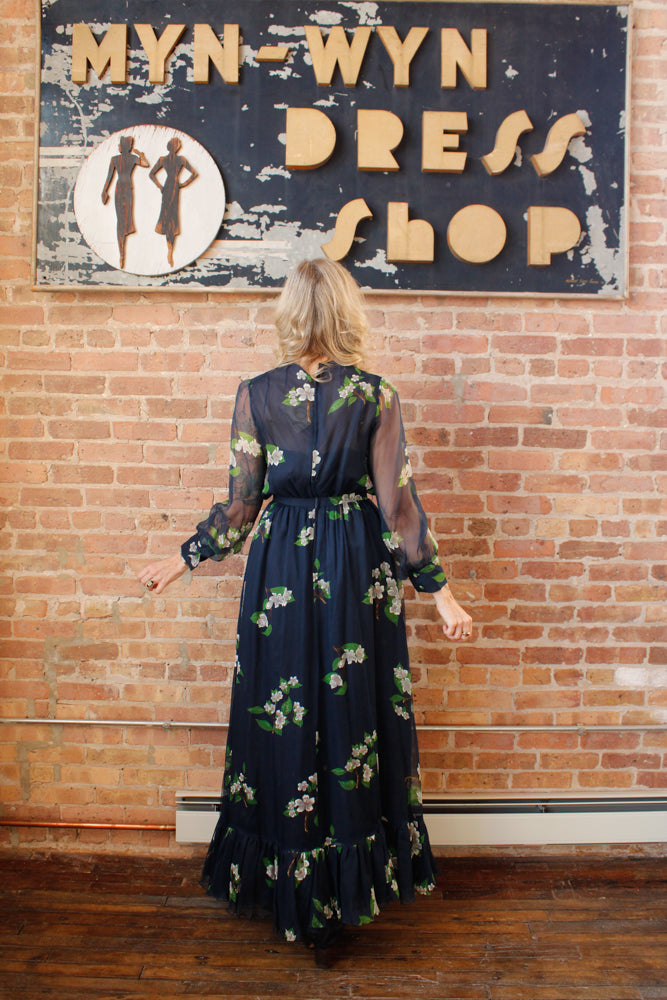 1960s Floral Silk Maxi Gown - Small