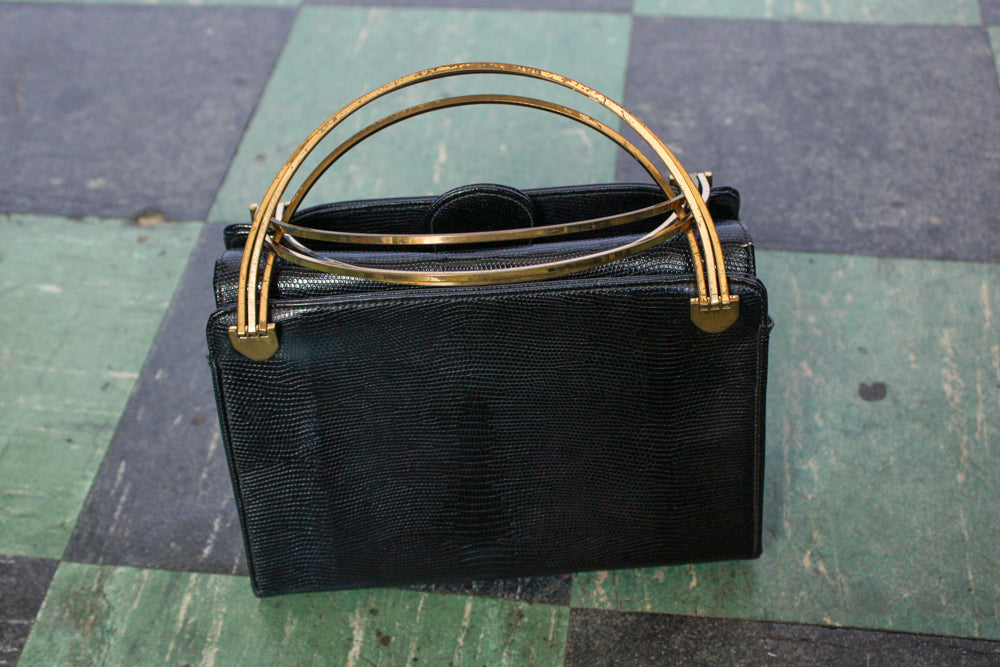 1950s Black Leather Bag with Brass Handles