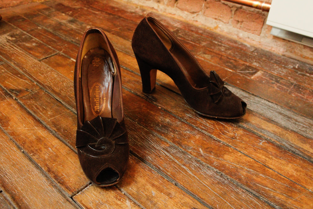 1930s Art Deco Brown Brushed Leather High Heels - 8N
