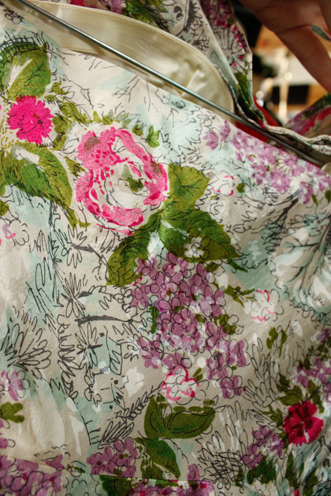 1950s Silk Floral Halter Dress & Scarf - Xsmall