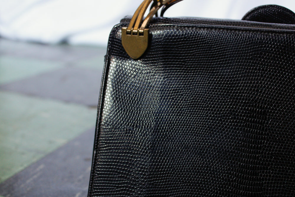 1950s Black Leather Bag with Brass Handles