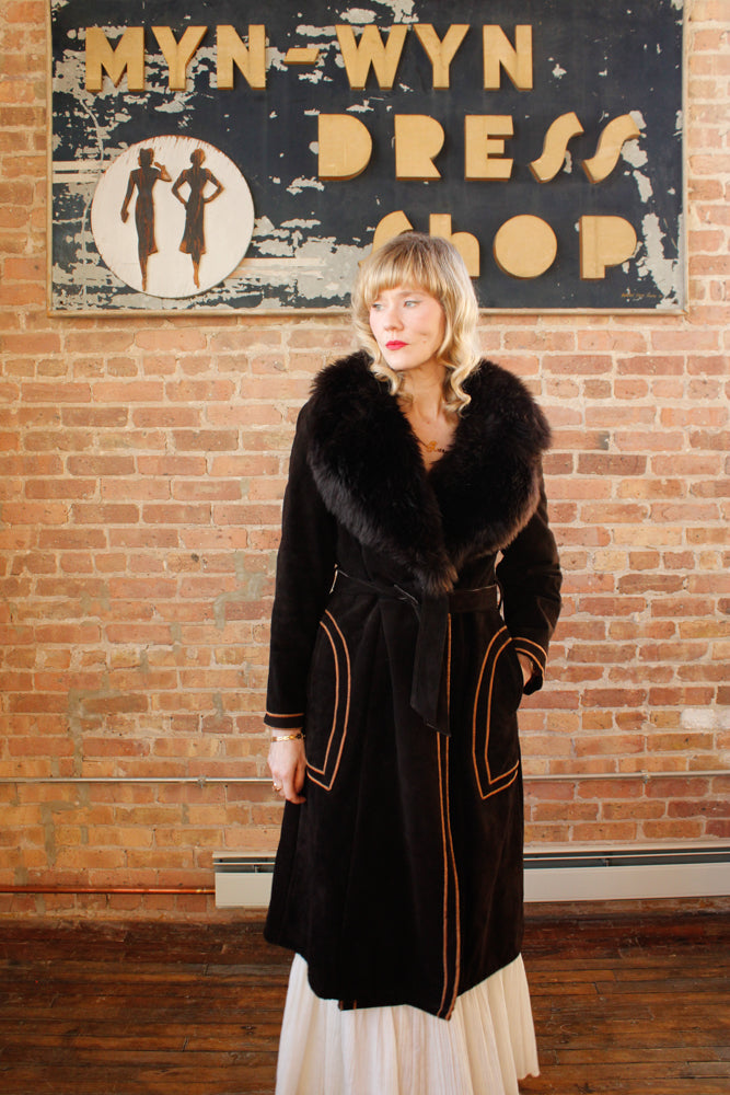 1970s Deep Brown Shearling Suede Penny Lane Coat - Medium