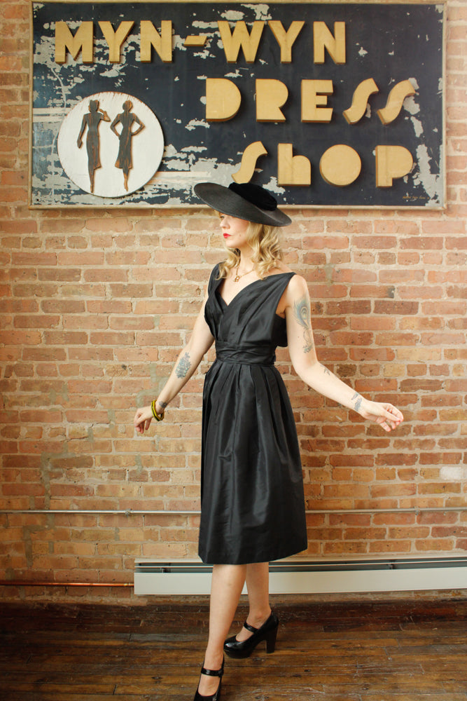 Late 40s / Early 50s Dior Style Black Silk Taffeta Sheath Dress long Peplum - Small