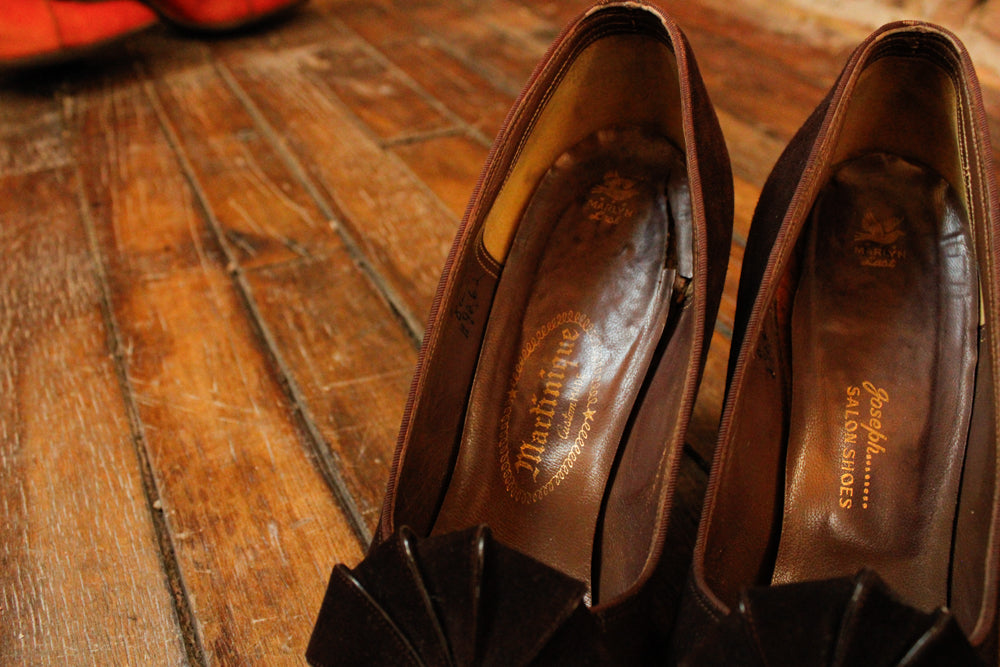 1930s Art Deco Brown Brushed Leather High Heels - 8N