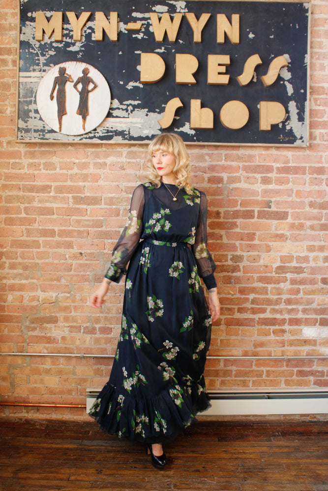 1960s Floral Silk Maxi Gown - Small