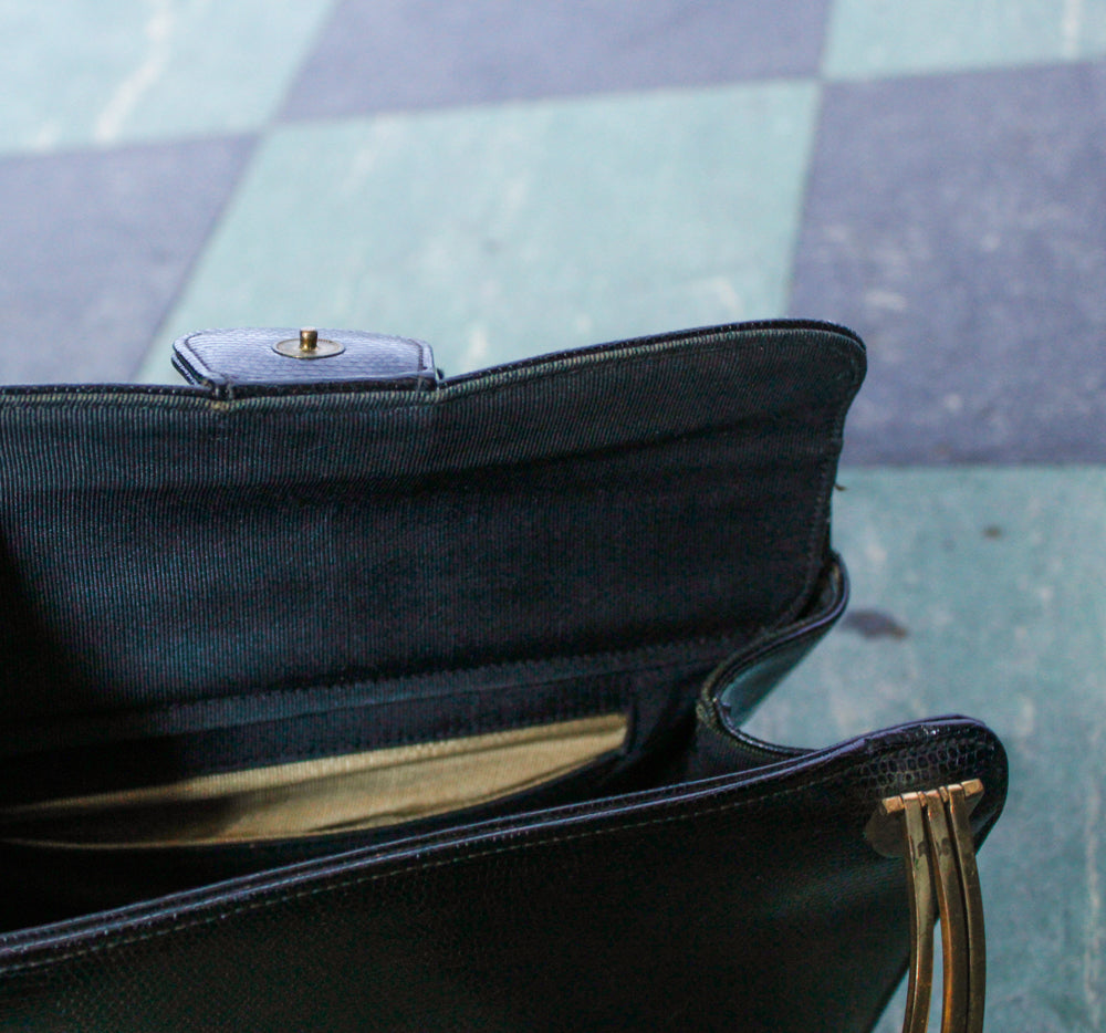 1950s Black Leather Bag with Brass Handles