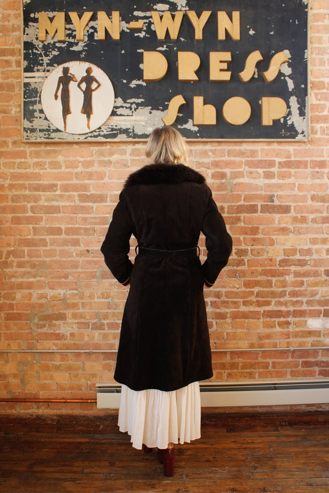 1970s Deep Brown Shearling Suede Penny Lane Coat - Medium