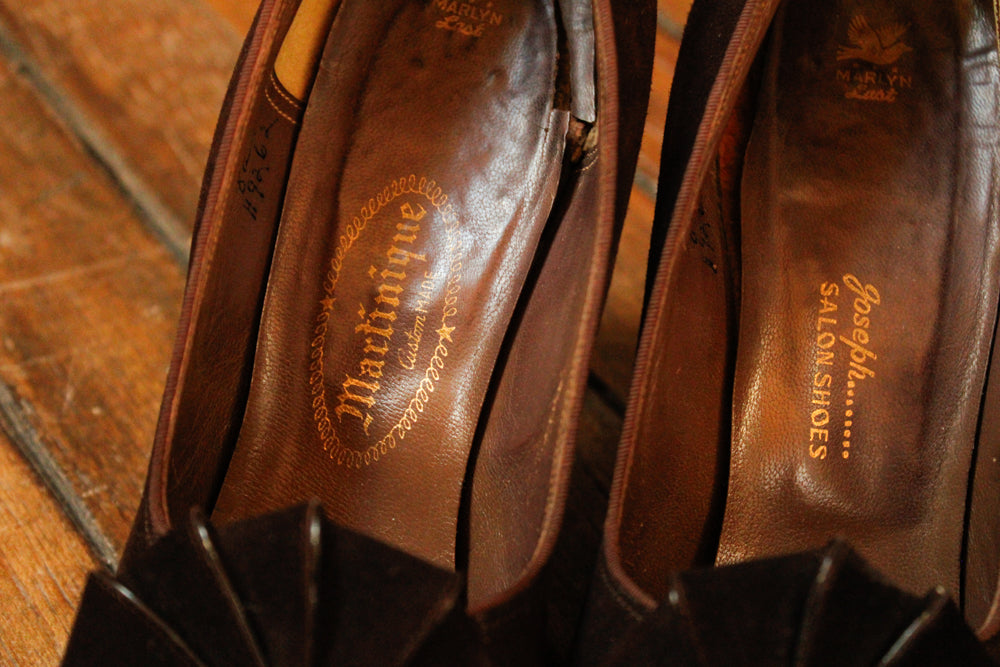 1930s Art Deco Brown Brushed Leather High Heels - 8N