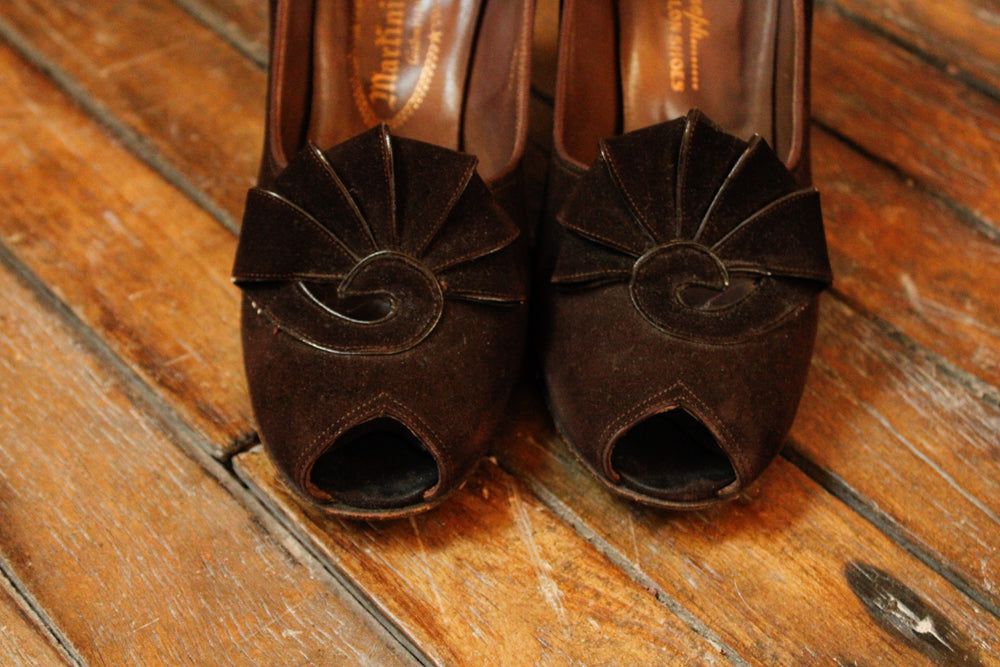 1930s Art Deco Brown Brushed Leather High Heels - 8N