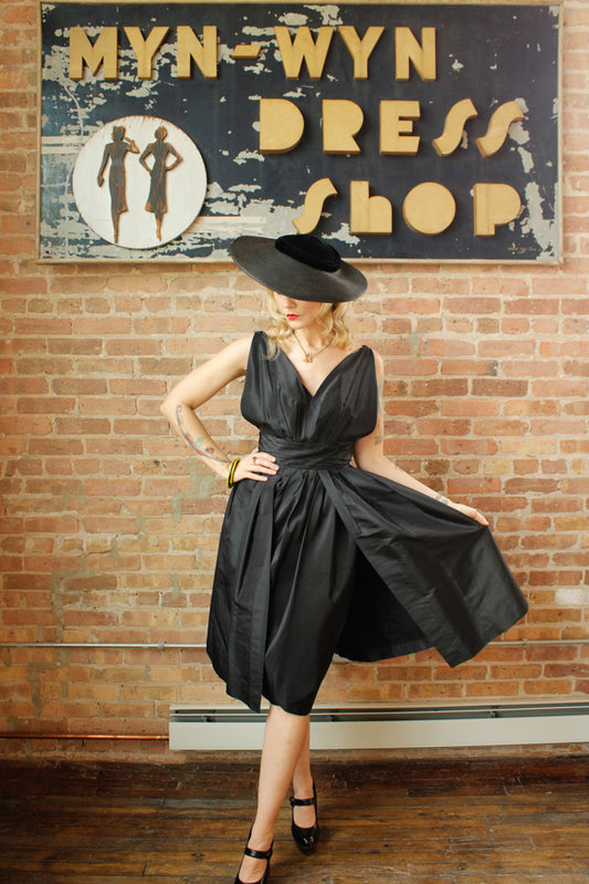 Late 40s / Early 50s Dior Style Black Silk Taffeta Sheath Dress long Peplum - Small