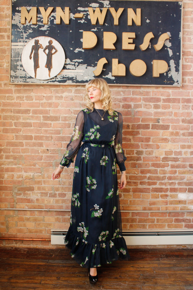 1960s Floral Silk Maxi Gown - Small