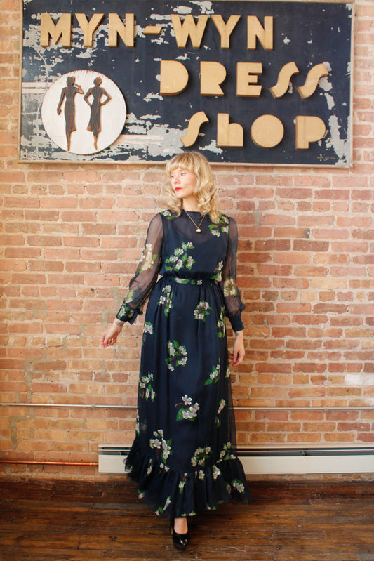 1960s Floral Silk Maxi Gown - Small