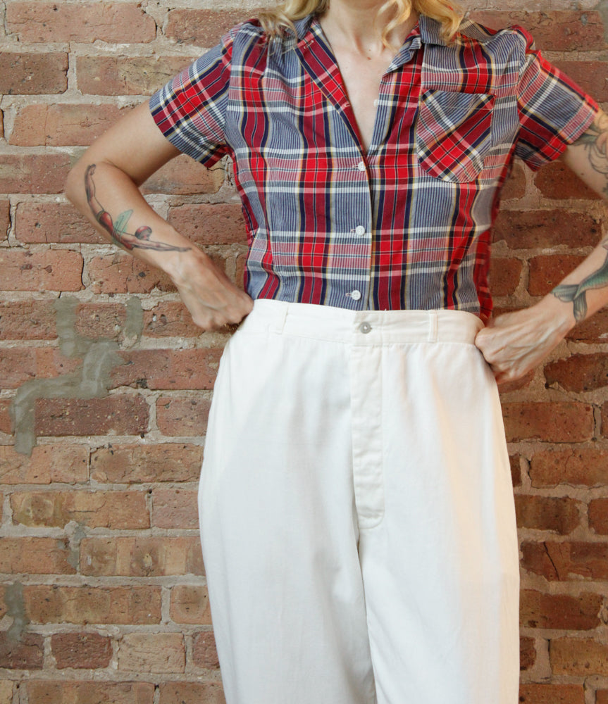 1940s White Button Front Cotton Twill Pant - XL