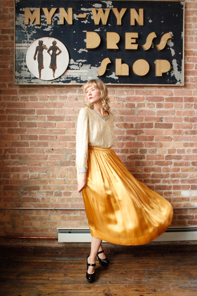 1960s Sequin & Beaded Rayon Top - Medium  & 1940s Hand Made Gold Maxi Skirt - 28" Waist