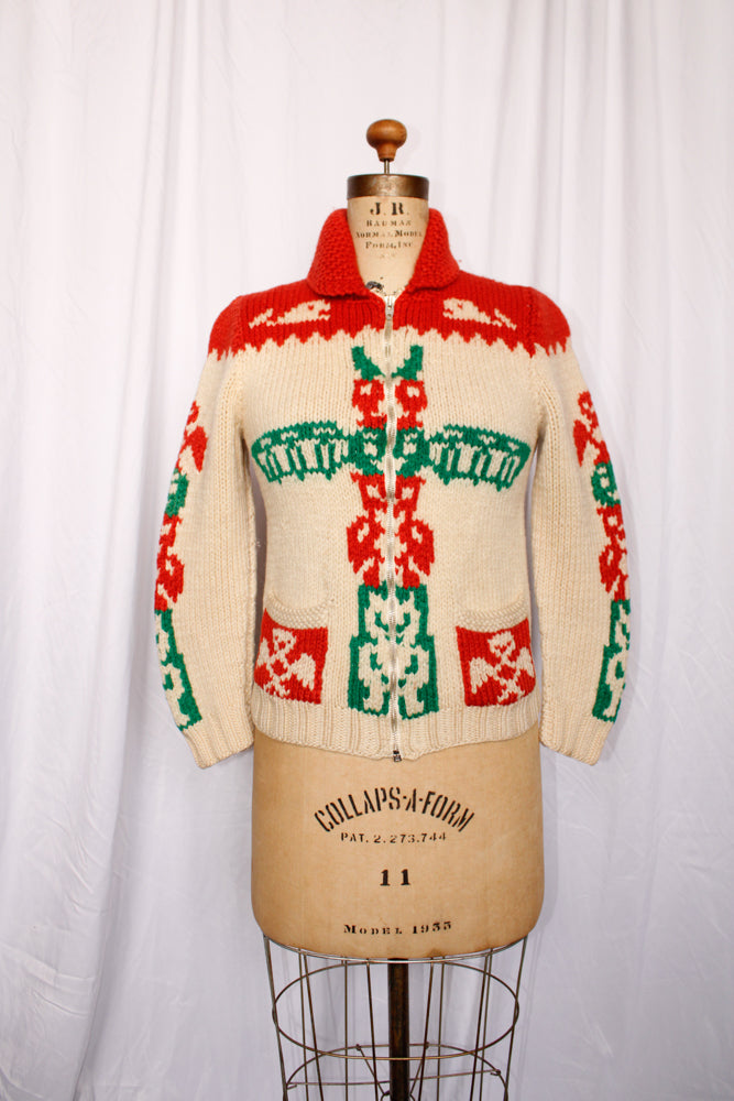 Late 1950s Cowichan Totem Pole Curling Sweater - Xsmall