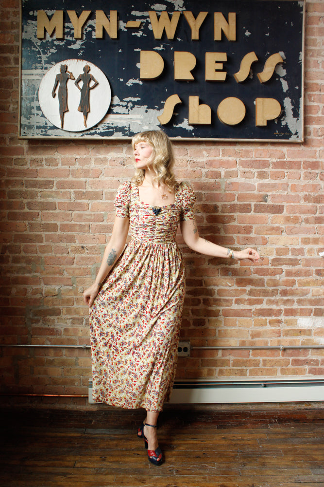 1930s Rayon Jersey Floral Gown with Bakelite clip - Xsmall