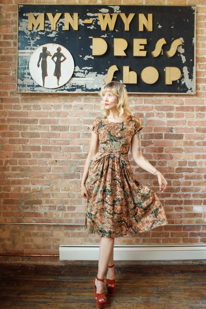 1940s Silk Birds of a Feather Dress - Small