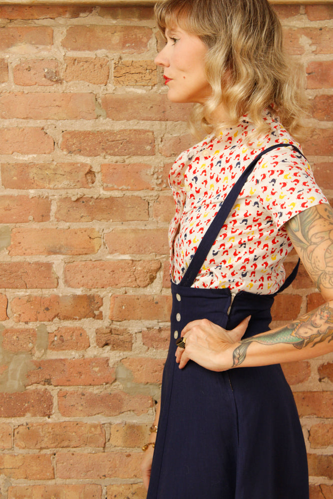 1940s 3pc Juniors Pinafore Set with Chicken Novelty Print Blouse & Bolero - Xsmall 