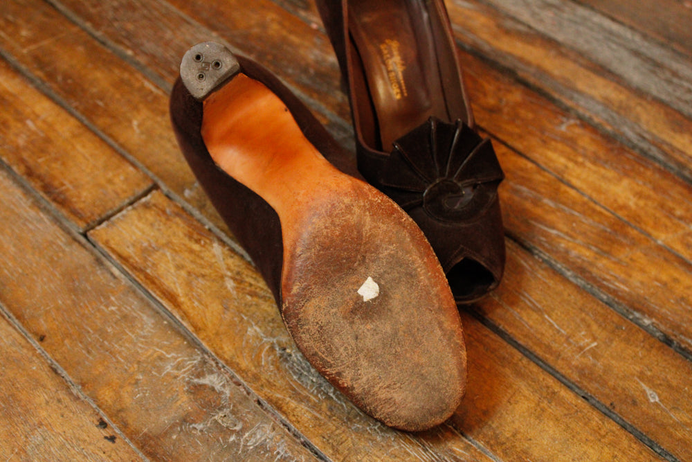 1930s Art Deco Brown Brushed Leather High Heels - 8N