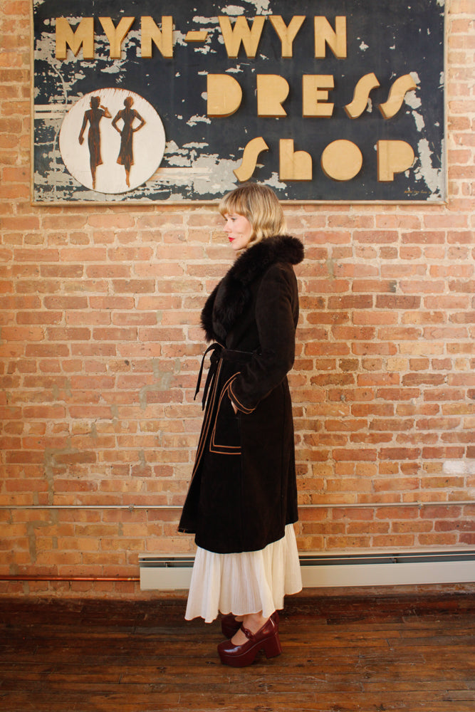 1970s Deep Brown Shearling Suede Penny Lane Coat - Medium