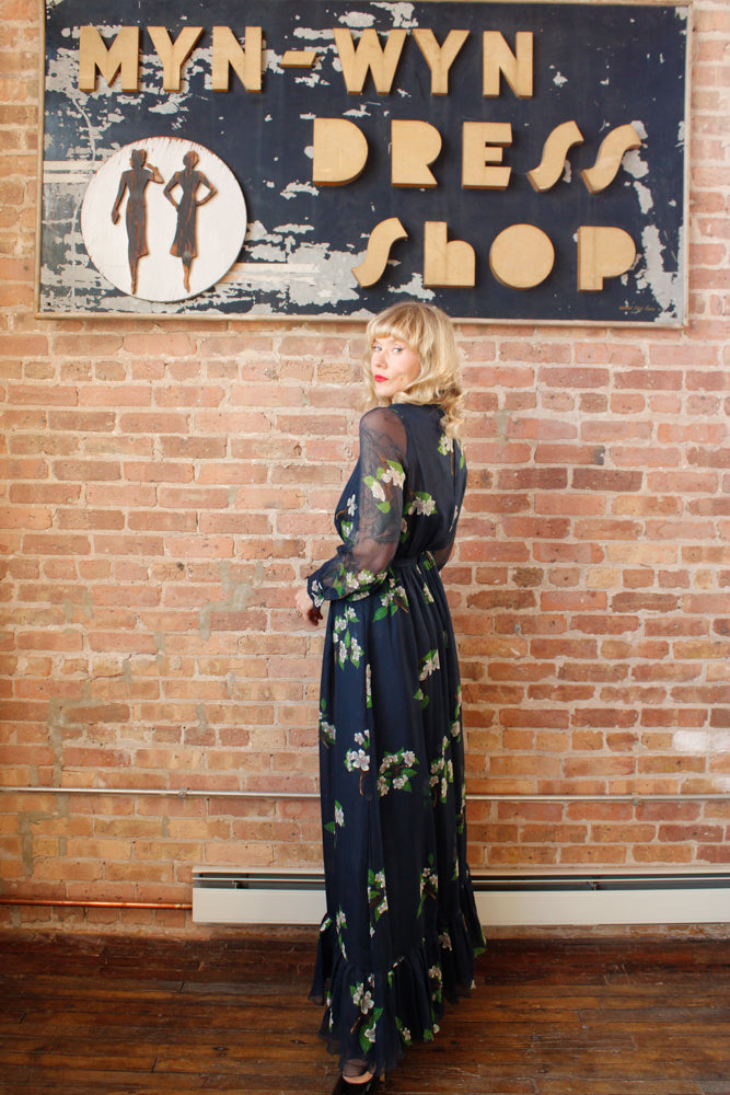 1960s Floral Silk Maxi Gown - Small