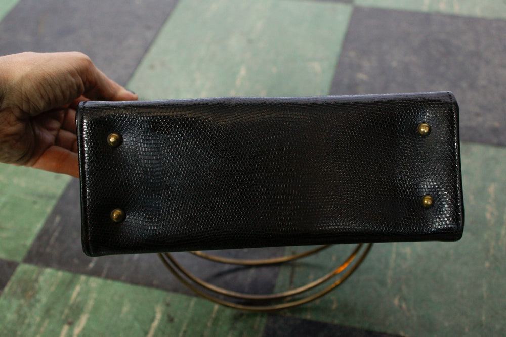 1950s Black Leather Bag with Brass Handles