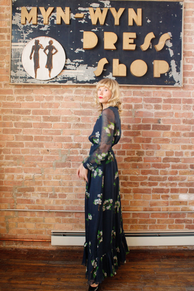 1960s Floral Silk Maxi Gown - Small