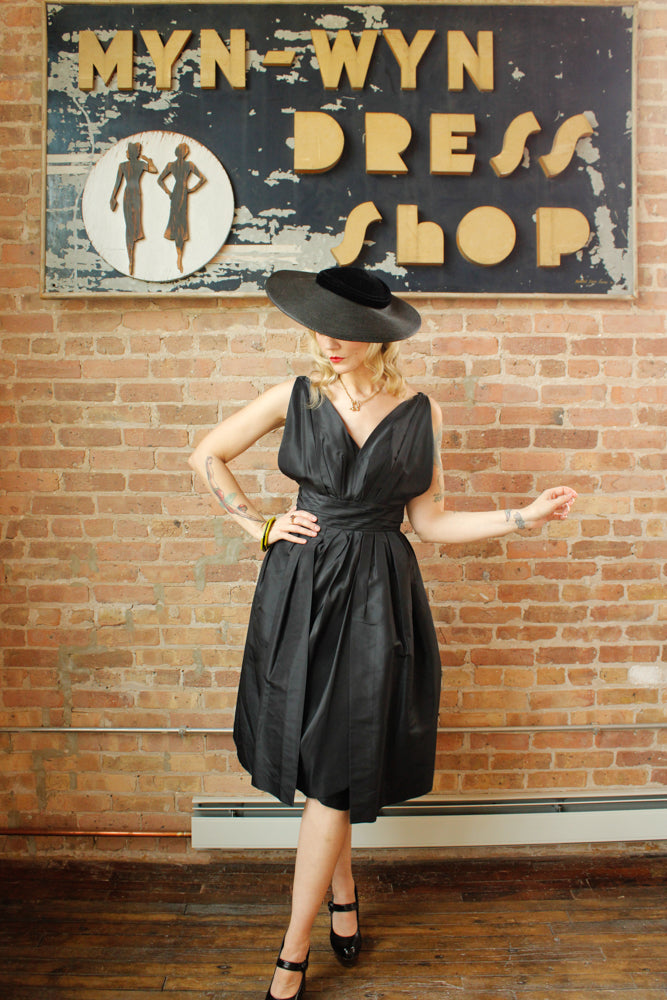 Late 40s / Early 50s Dior Style Black Silk Taffeta Sheath Dress long Peplum - Small
