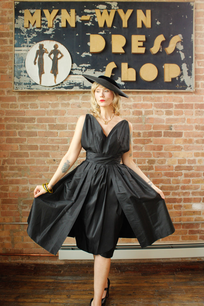 Late 40s / Early 50s Dior Style Black Silk Taffeta Sheath Dress long Peplum - Small