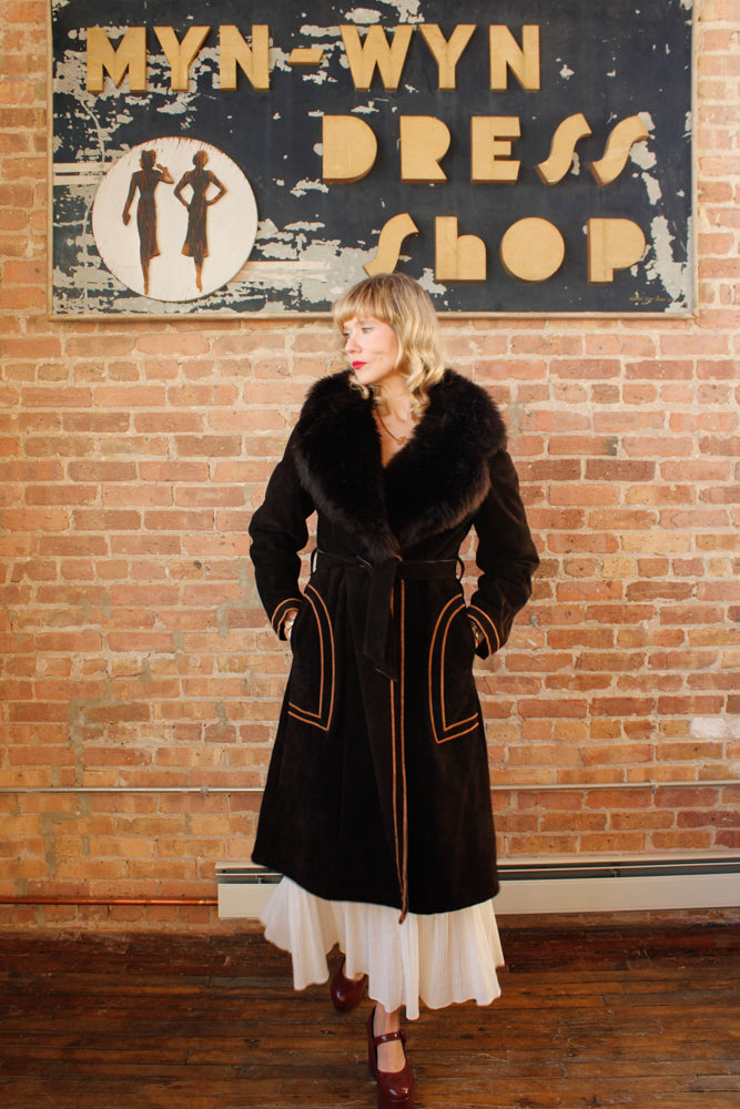1970s Deep Brown Shearling Suede Penny Lane Coat - Medium