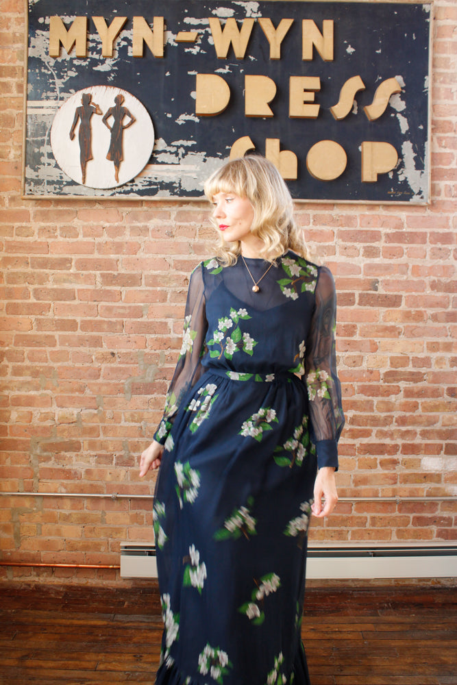 1960s Floral Silk Maxi Gown - Small