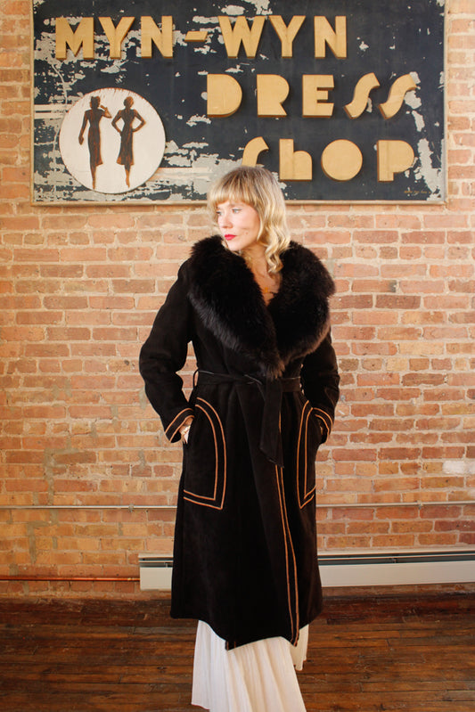 1970s Deep Brown Shearling Suede Penny Lane Coat - Medium