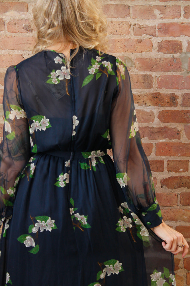 1960s Floral Silk Maxi Gown - Small