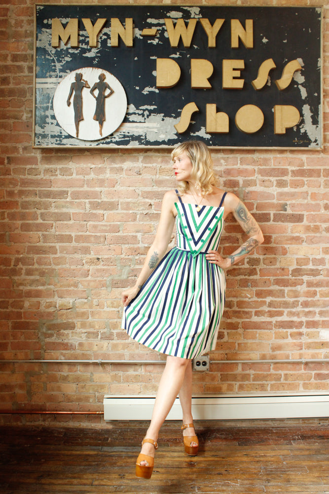 1980s Victor Costa Striped Cotton Dress - Xsmall 