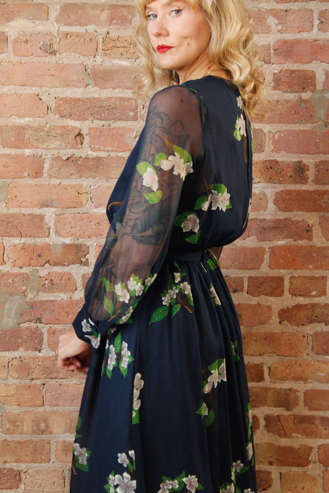 1960s Floral Silk Maxi Gown - Small