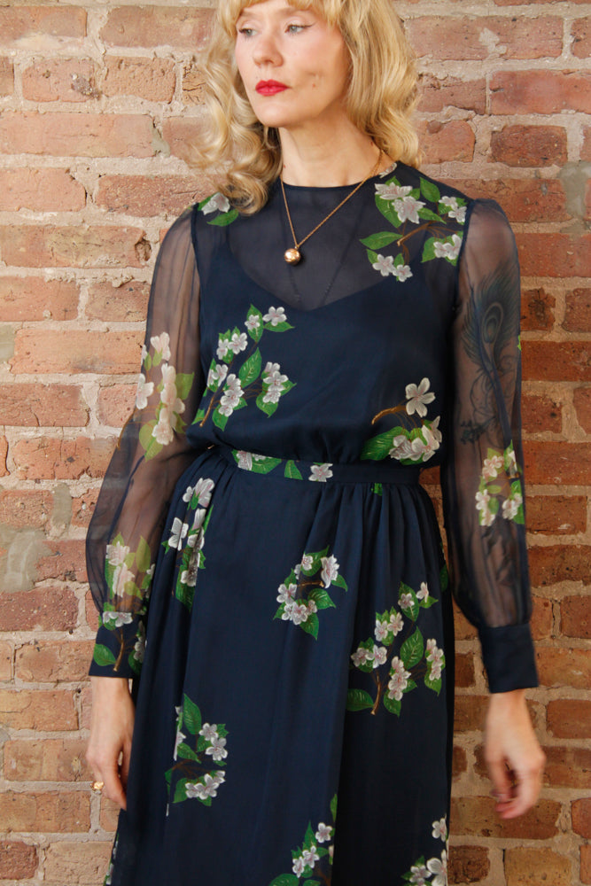 1960s Floral Silk Maxi Gown - Small