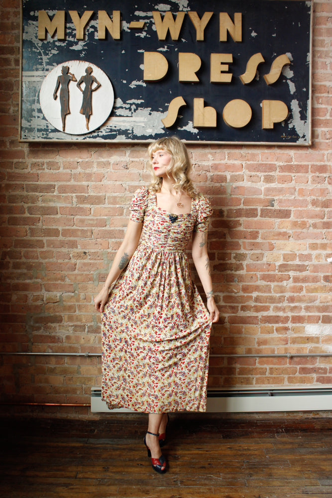 1930s Rayon Jersey Floral Gown with Bakelite clip - Xsmall