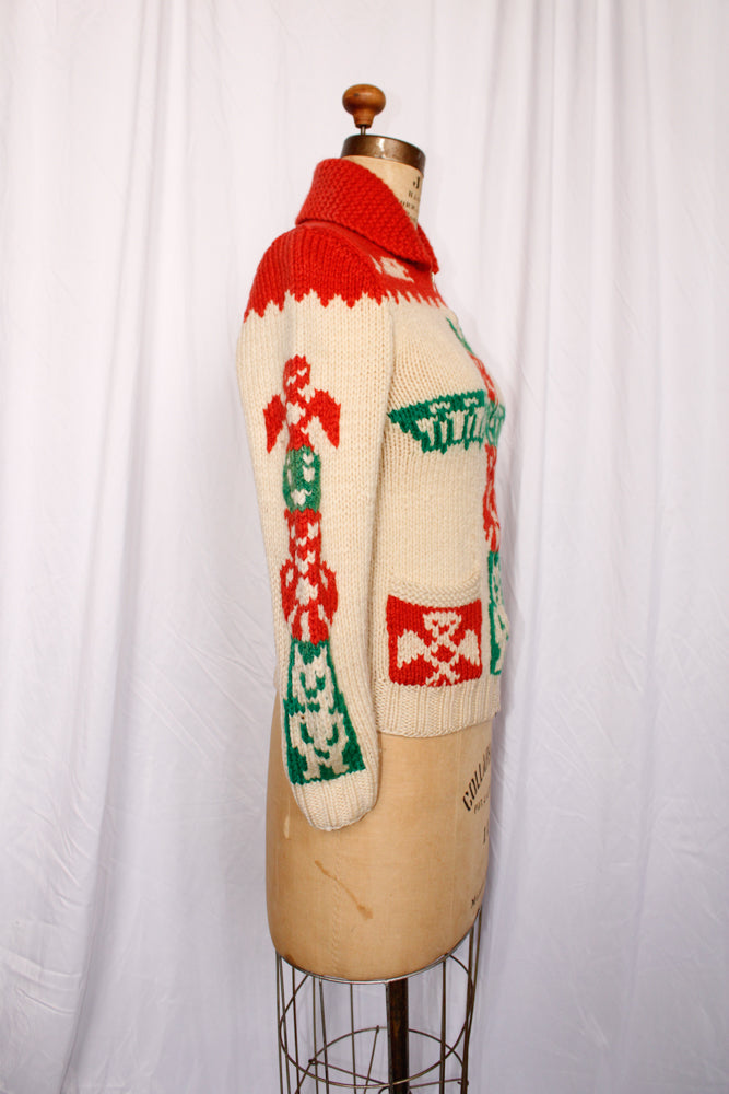 Late 1950s Cowichan Totem Pole Curling Sweater - Xsmall