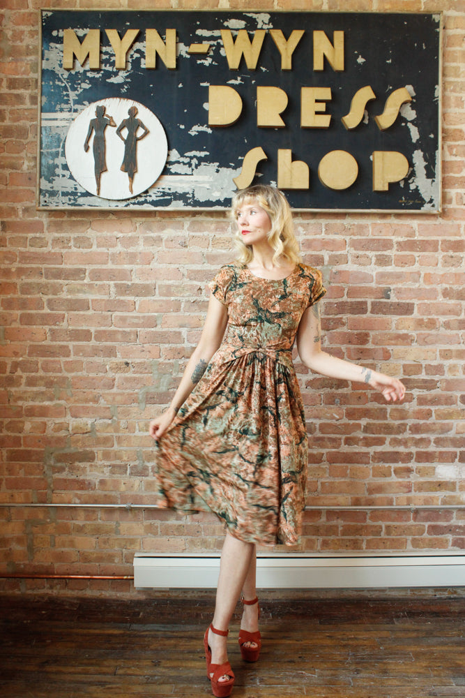 1940s Silk Birds of a Feather Dress - Small
